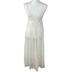 VTG Glydons Hollywood White Lace Sheer Maxi Nightgown Robe Sz S Made in USA